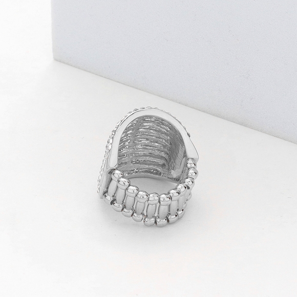 Silver Rhinestone Crystal Wide Stretch Ring Striped Fashion Statement Jewelry - Picture 2 of 4